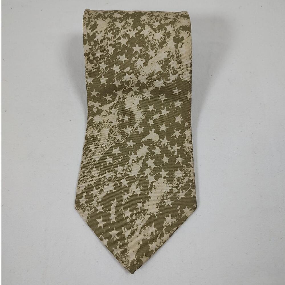 Hugo Boss Luxury Silk Tie, Tan Olive Khaki Distressed Stars Pattern Made Italy